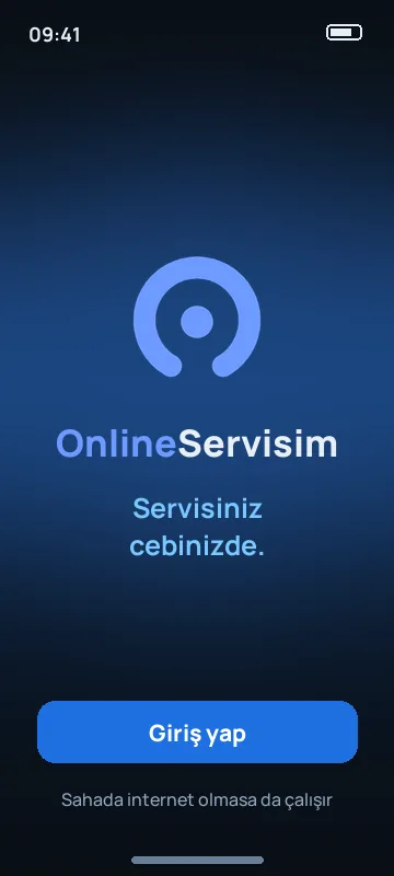 OnlineServisim mobil uygulamasının açılış ekranı: “Servisiniz cebinizde.”