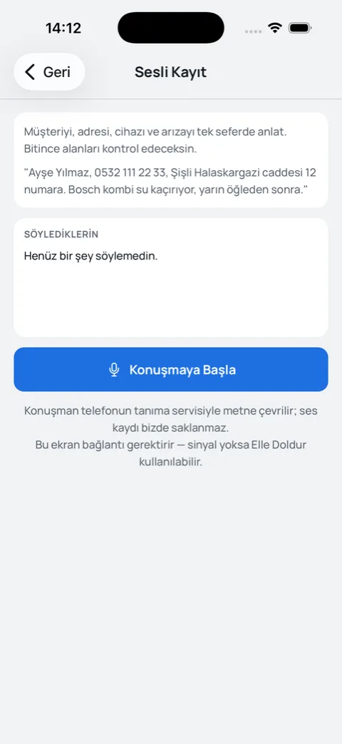 Mobil uygulamanın Sesli Kayıt ekranı: örnek cümle ve Konuşmaya Başla düğmesi