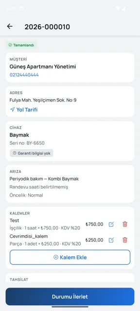 Mobil uygulamada iş emri ekranı: kalemler, tahsilat ve imza